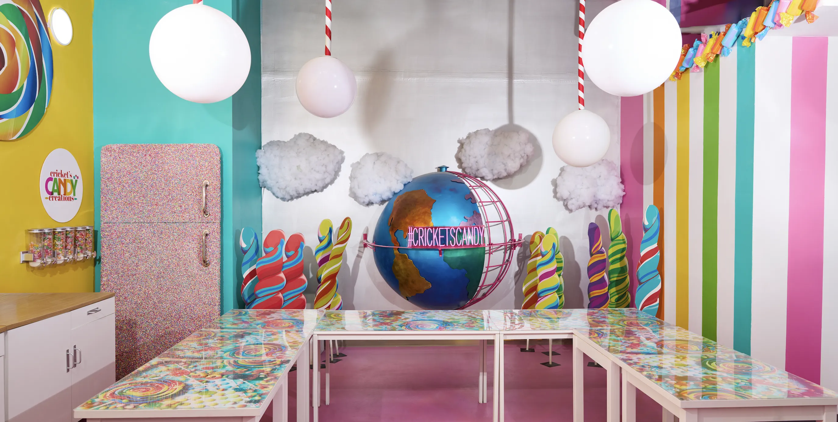 Candy crafting workspace with globe decoration and colourful walls