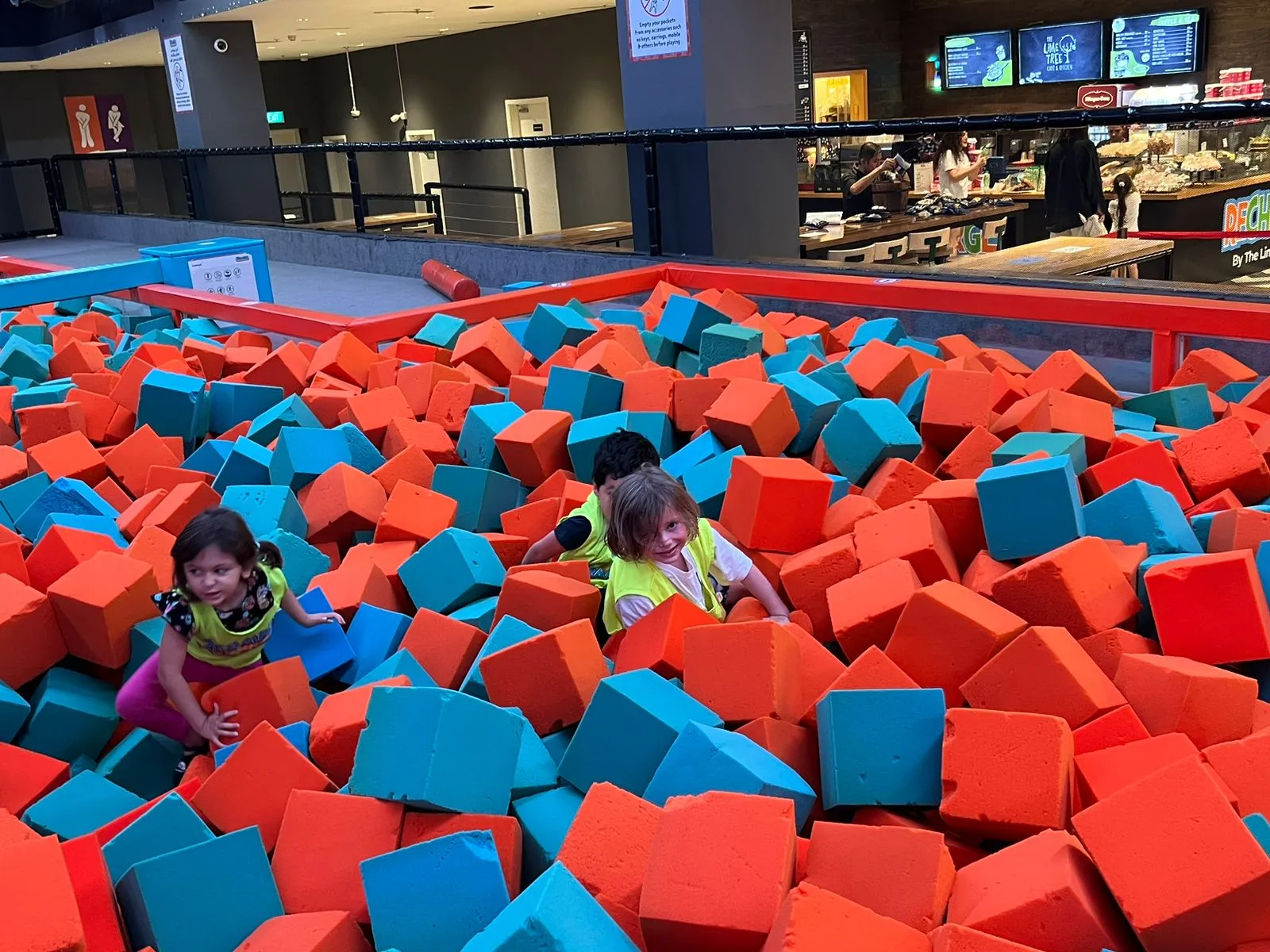 Jumping into foam cubes at Trampo trampoline park